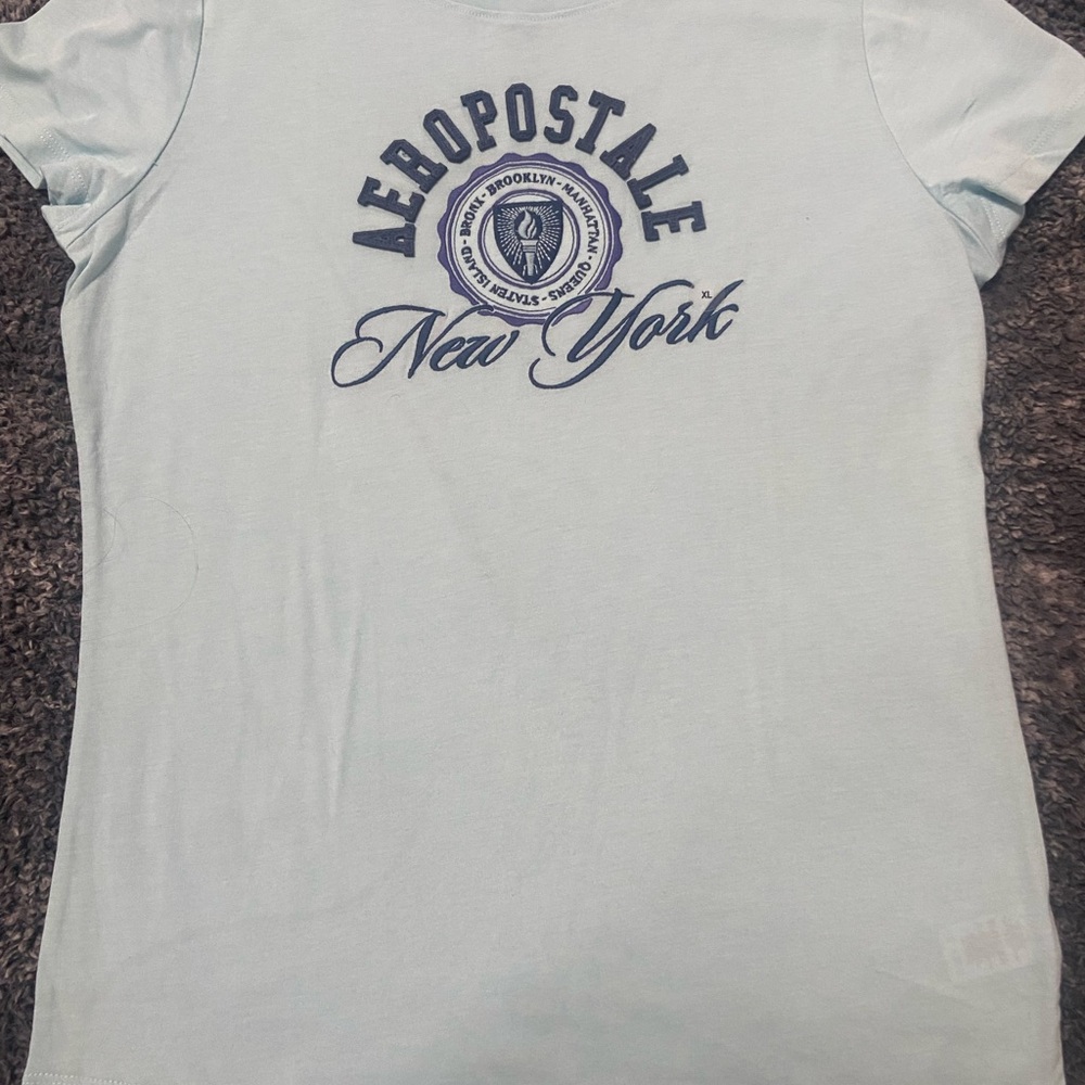 Aeropostale Classic Crew Tee - Light Blue with Navy Print, fitted XL